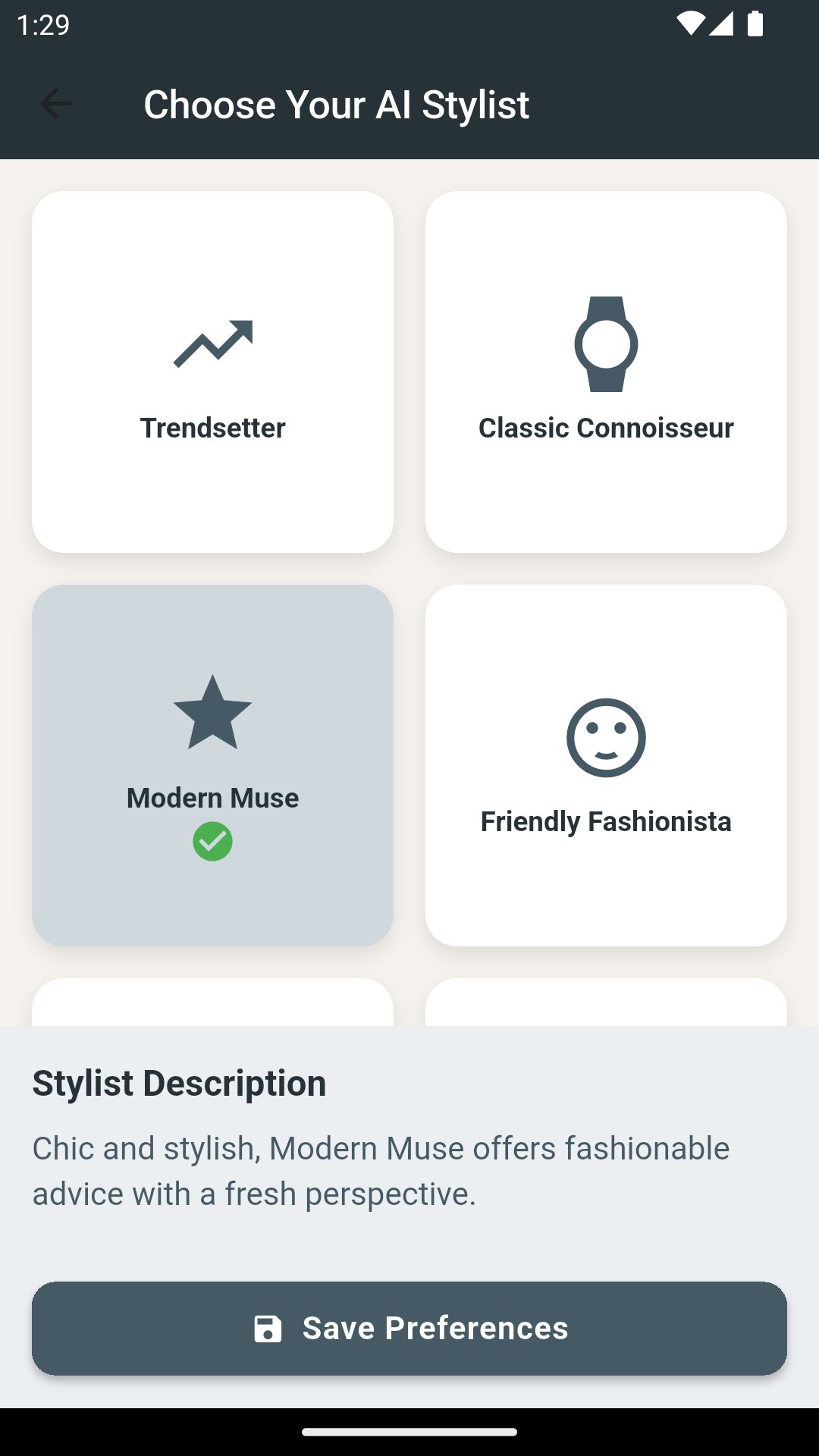 Choose Your AI Stylist screen with Trendsetter, Classic Connoisseur, Modern Muse, and Friendly Fashionista